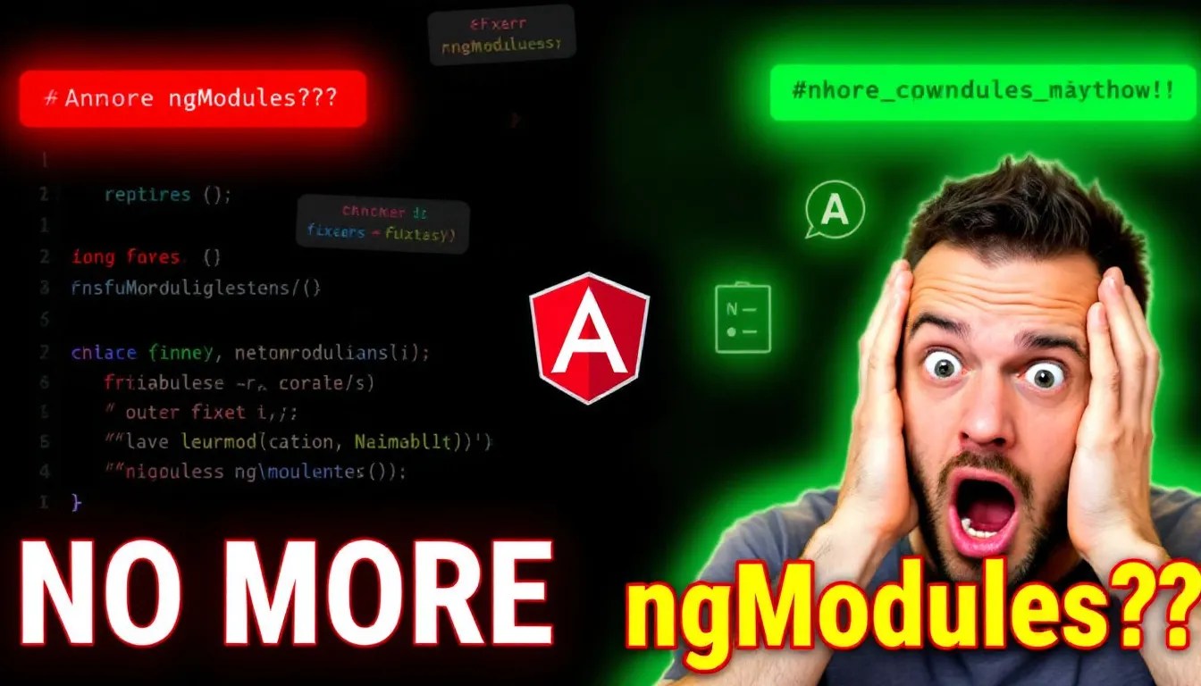 A surprised developer reacting to Angular 18's standalone Reactive Forms feature with floating error messages and corrections.