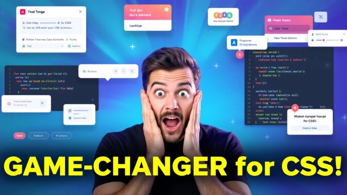 A web developer looking astonished at new CSS Anchor Positioning API code, with floating UI elements like tooltips and popovers dynamically positioned on screen.