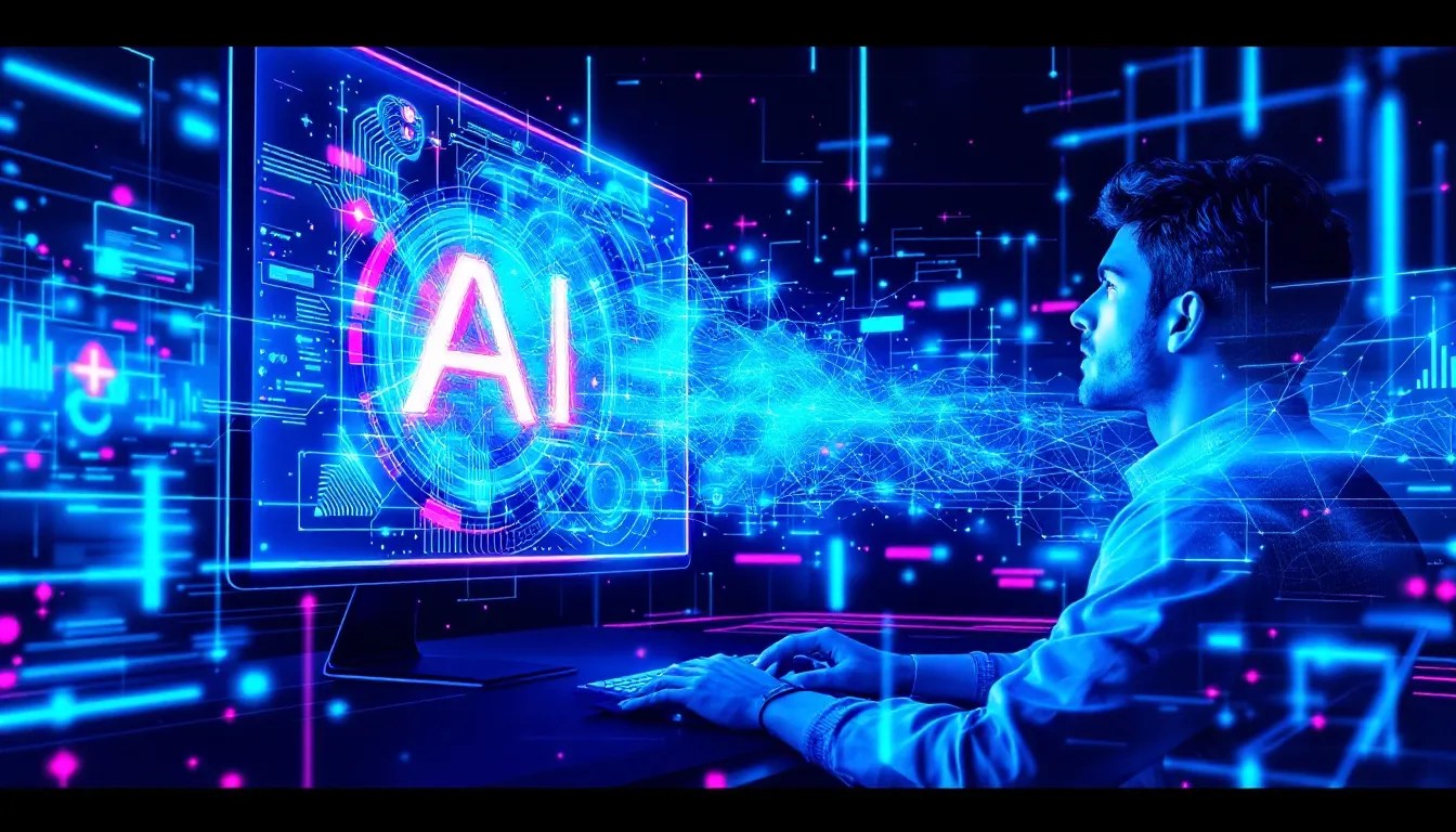 A futuristic AI-generated artwork emerging from a computer screen, symbolizing the impact of AI image creation with DALL-E Free.