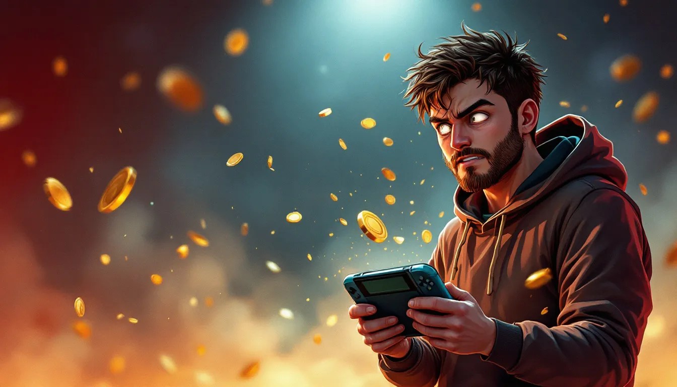 Joueur de Nintendo paniqué voyant ses points or disparaître avec un compte à rebours indiquant 'Dernière Chance !'.