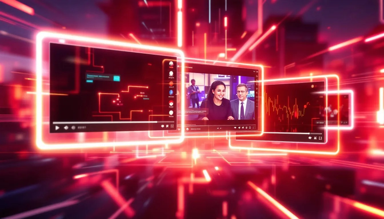 YouTube Multiview feature displaying multiple videos playing simultaneously, including a coding tutorial, a gaming livestream, and a news broadcast, illustrating seamless multitasking.