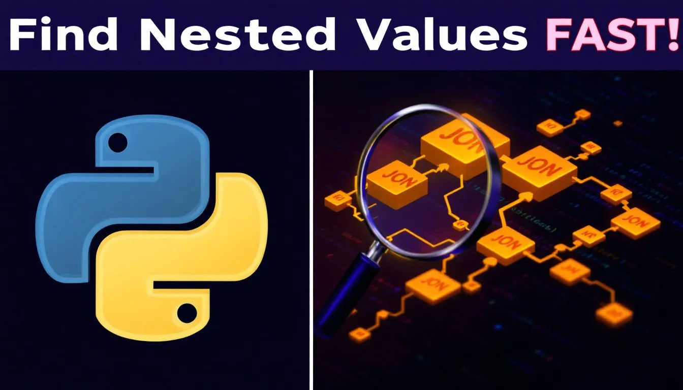 Python nested dictionary visualization with a magnifying glass highlighting key retrieval, emphasizing efficient data access techniques.