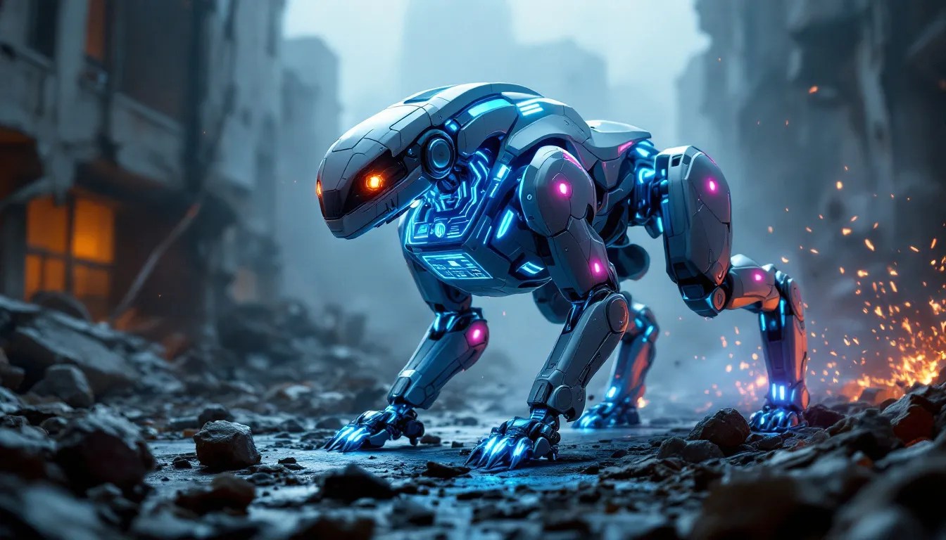 Futuristic AI-powered rescue robot scanning debris for survivors in a disaster zone, equipped with advanced sensors and robotic limbs.