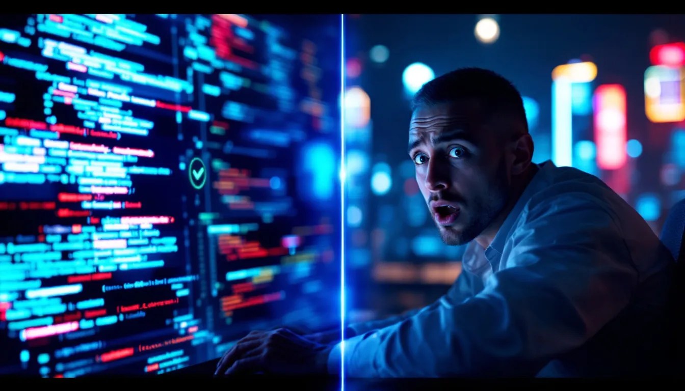 A futuristic AI bot confidently displays incorrect code, while a shocked developer realizes the mistake, illustrating the dangers of AI misinformation in coding.