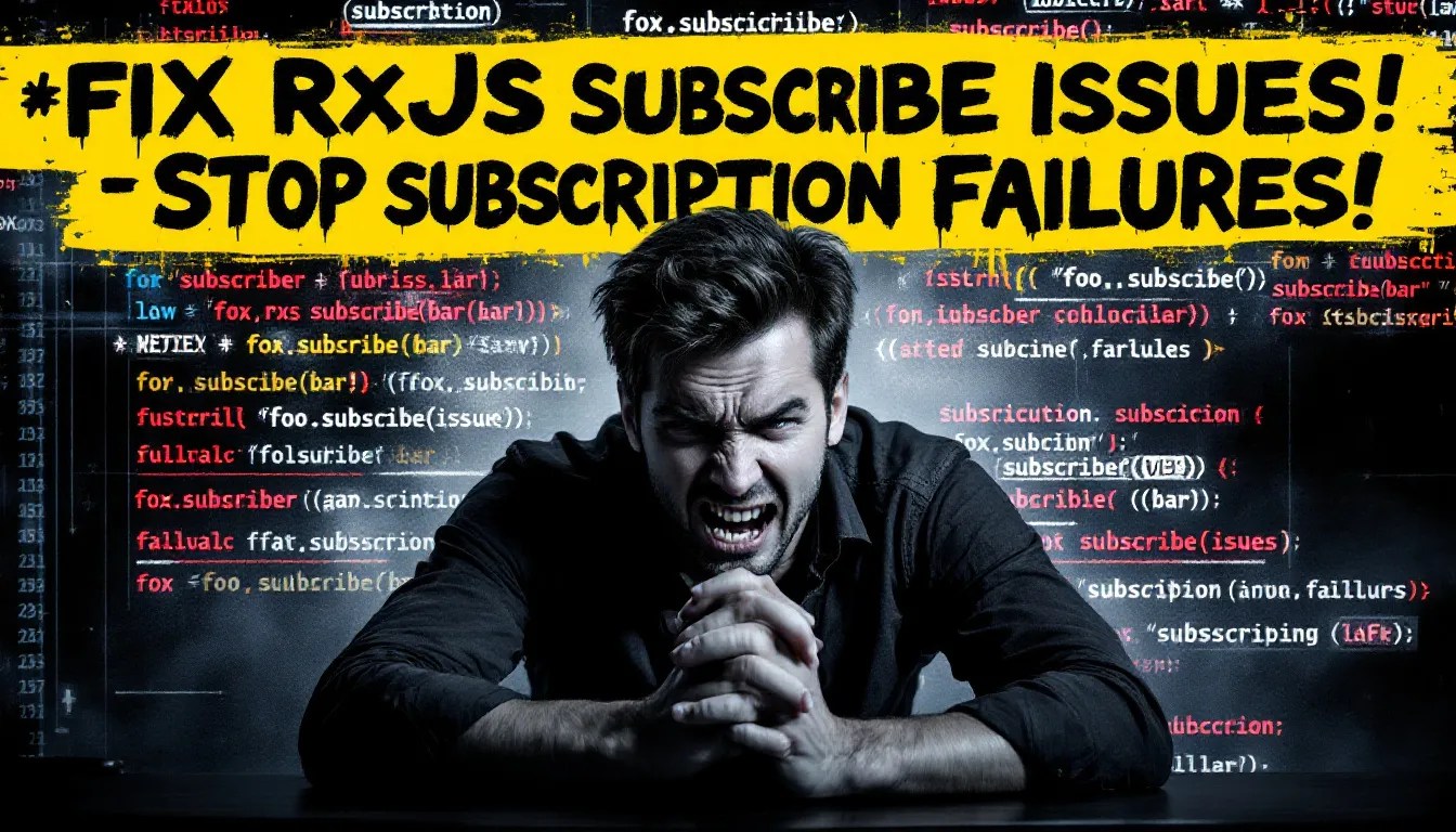 Frustrated developer facing RxJS subscription errors in Angular, with `foo.subscribe(bar)` highlighting common debugging issues.