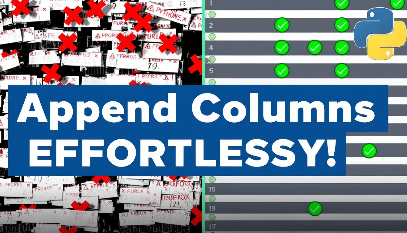 Side-by-side comparison of a cluttered Pandas DataFrame with errors vs. a neatly structured DataFrame, with bold text 'Append Columns Effortlessly!' and a Python logo.