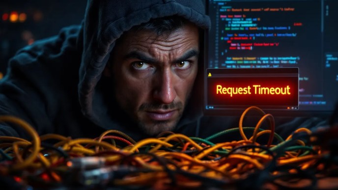 A software developer debugging an async TCP client, analyzing error messages on a screen filled with Boost.Asio code and request timeouts.