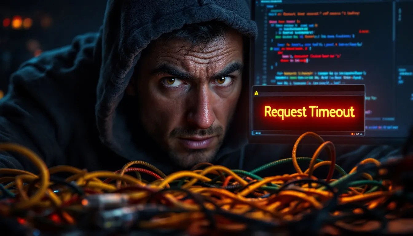 A software developer debugging an async TCP client, analyzing error messages on a screen filled with Boost.Asio code and request timeouts.