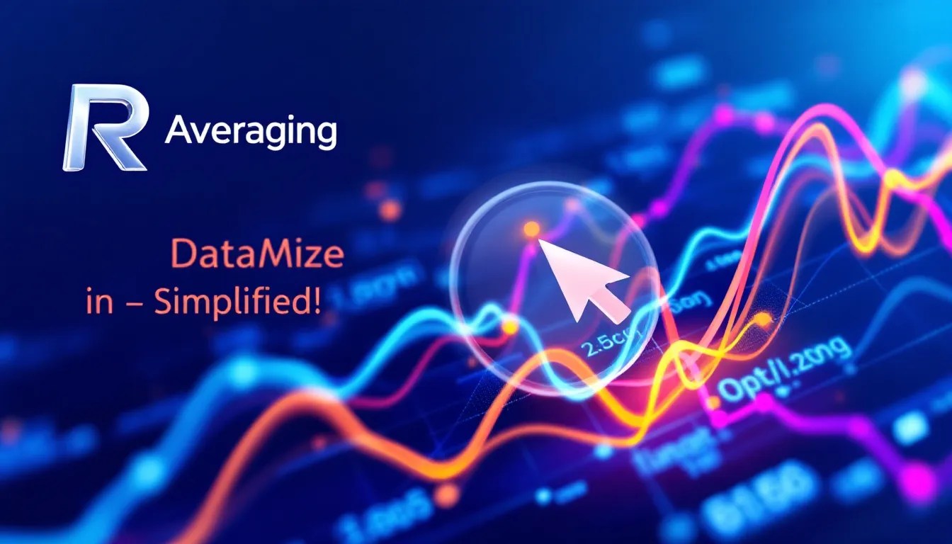 Futuristic data visualization dashboard displaying an aggregated time series graph with smooth curves and the R programming logo, representing time series averaging in R.