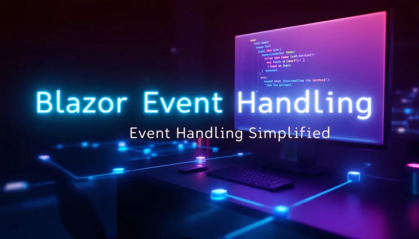 Blazor event handling process illustration showing component interaction with lifecycle methods, highlighted in a futuristic coding environment.