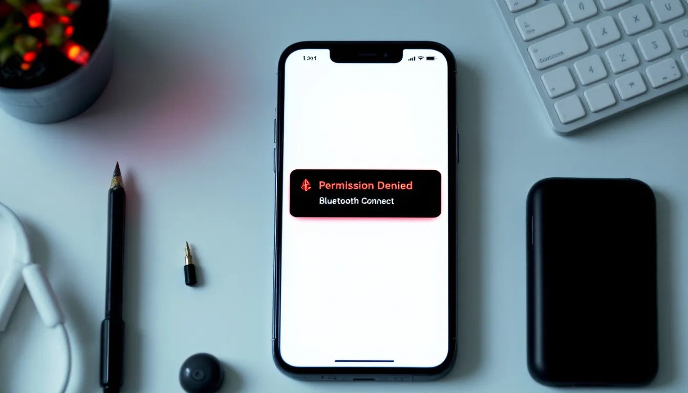 Android developer troubleshooting BLUETOOTH_CONNECT permission error on a smartphone, with a red warning icon over Bluetooth settings.