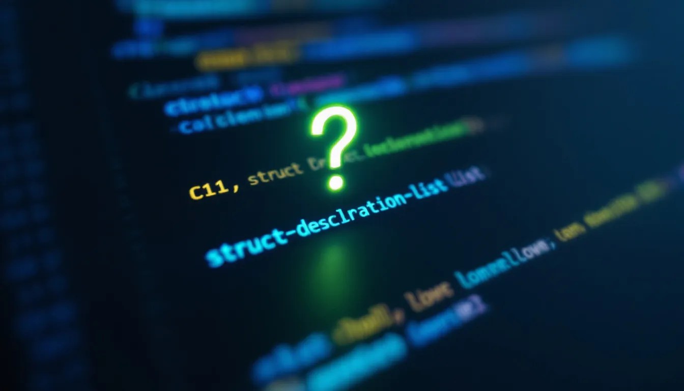 Highlighted C struct declaration with a glowing question mark, questioning if it qualifies as a block under C11 and C23 standards.