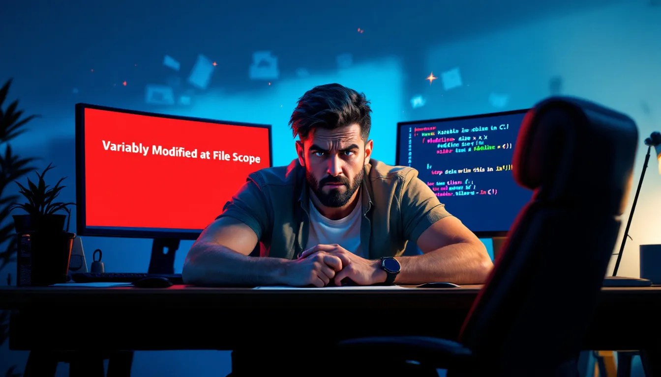 A developer looks frustrated at a compiler error on the screen showing the 'variably modified at file scope' warning in C programming.