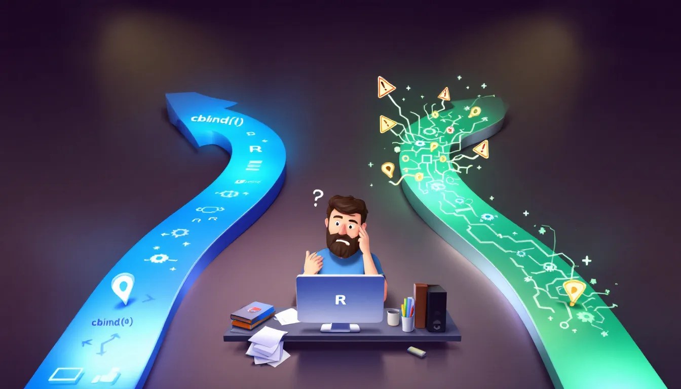 Comparison of cbind() and merge() functions in R for merging data frames in a loop, featuring a programmer analyzing efficiency and best practices.