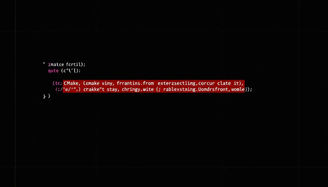 Highlighted `;""` syntax in a CMake script with debugging symbols, illustrating common parsing errors.