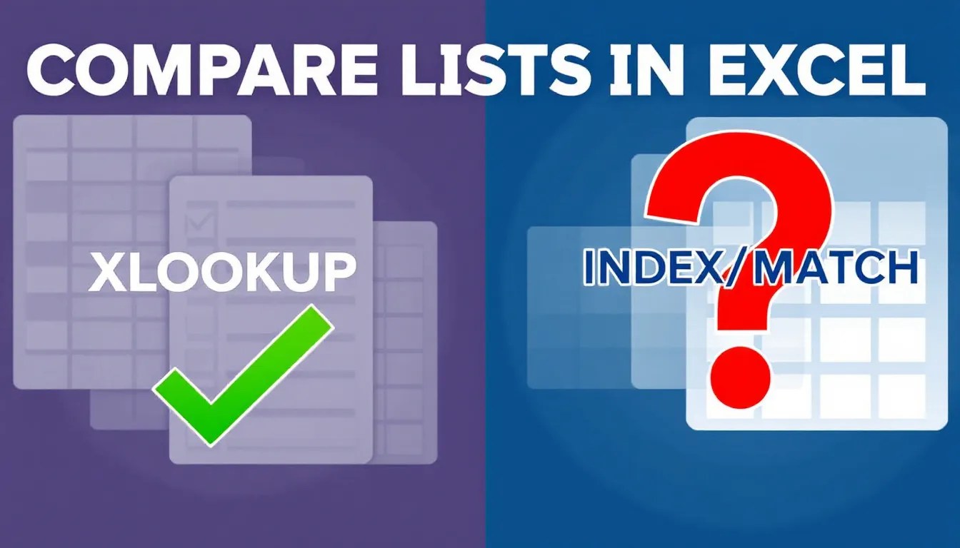 Comparison of Excel functions XLOOKUP vs. INDEX/MATCH for matching lists, with a visual of Excel spreadsheets.