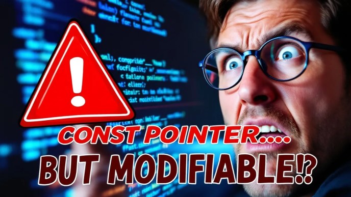 Confused C programmer looking at a computer screen with const pointer warning, illustrating how a const pointer can still be modified.