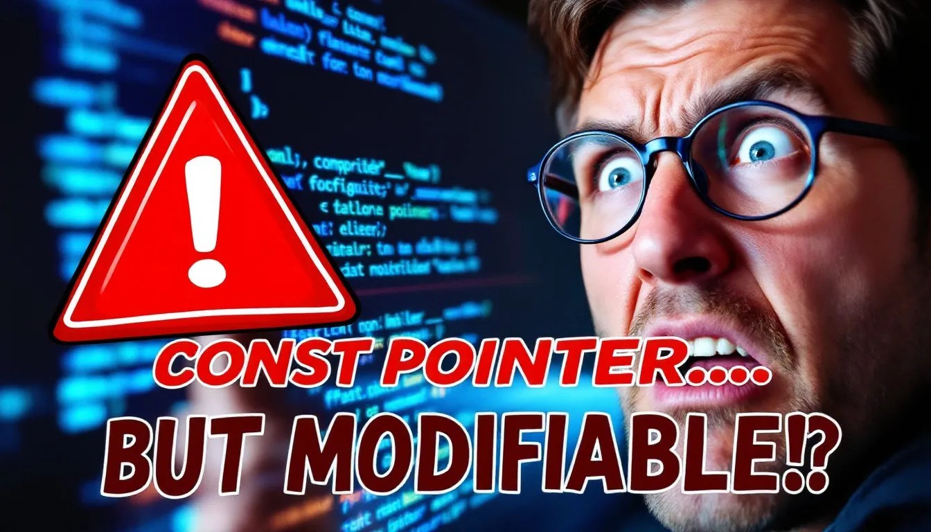 Confused C programmer looking at a computer screen with const pointer warning, illustrating how a const pointer can still be modified.