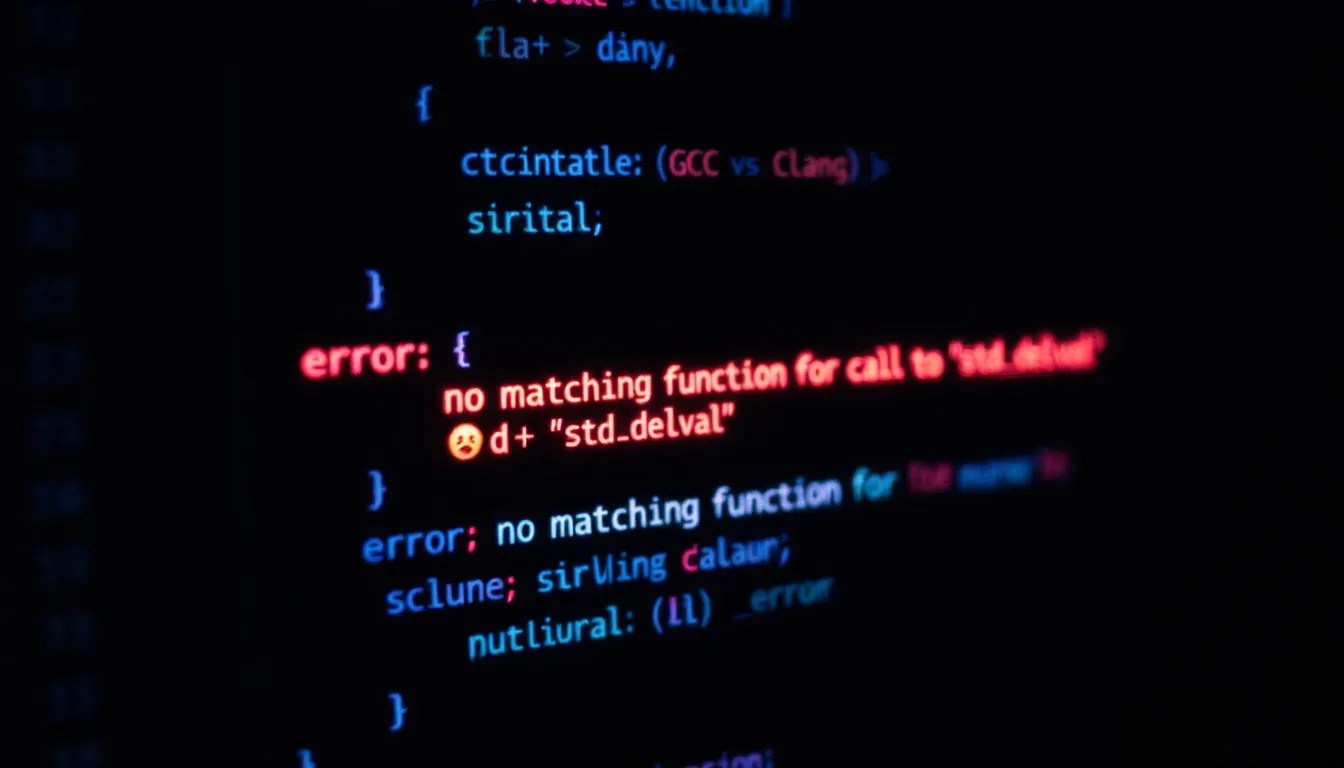 C++ template code showing std::declval error with requires clause in a dark-themed editor, featuring red error messages and GCC vs. Clang comparison.