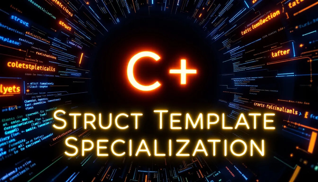 Illustration of C++ struct template specialization with inheritance flow diagrams and enum modifications, highlighting advanced C++ programming concepts in a modern tech theme.