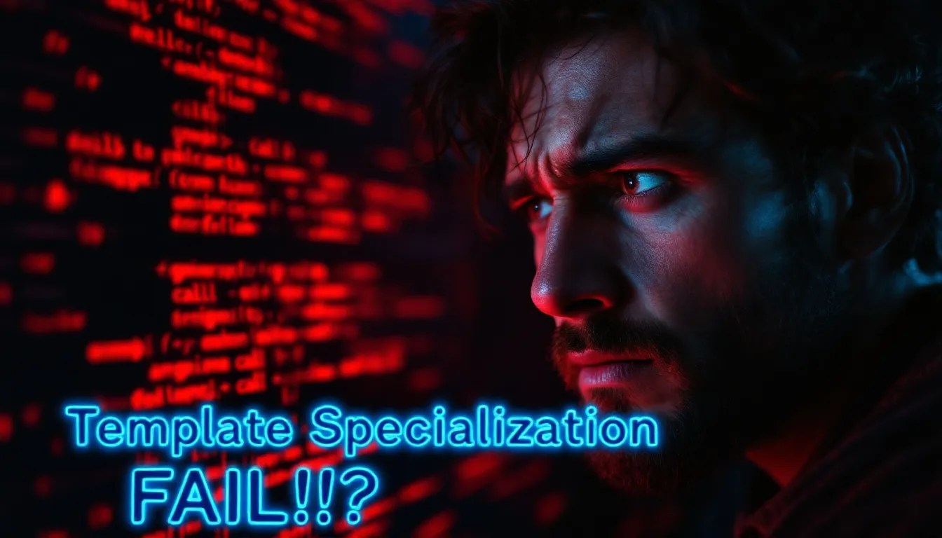 Frustrated developer staring at C++ compiler errors caused by template specialization issues.