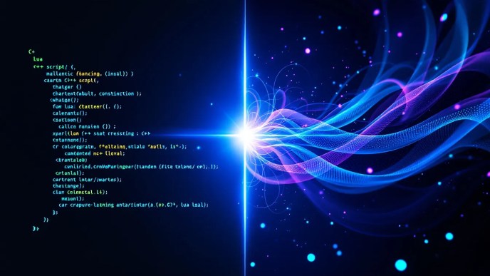 Illustration of data transfer between C++ and Lua using the Sol library, featuring an energy bridge connecting C++ code and Lua scripting.