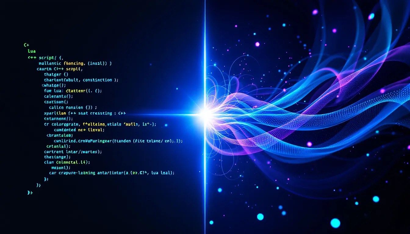 Illustration of data transfer between C++ and Lua using the Sol library, featuring an energy bridge connecting C++ code and Lua scripting.