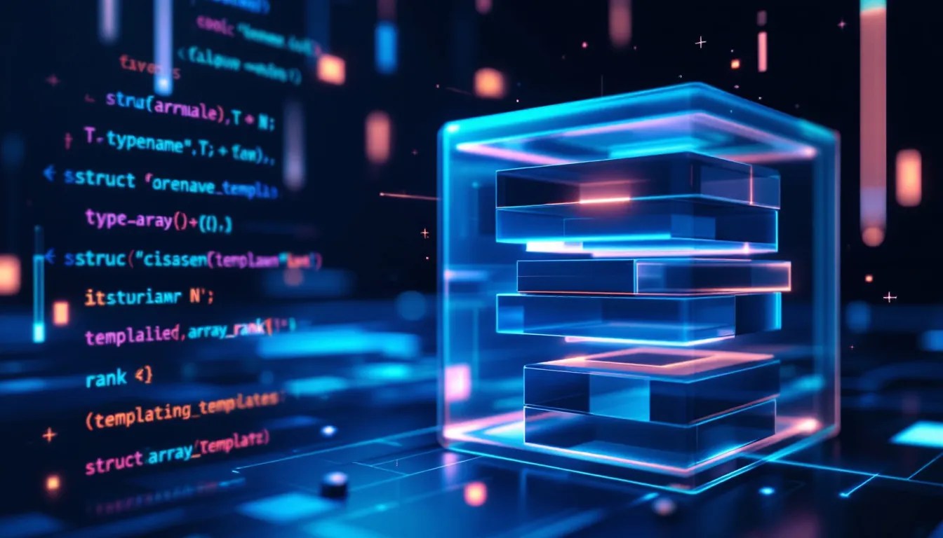 C++ multi-dimensional array with glowing nested grids, featuring template-based array rank calculation.