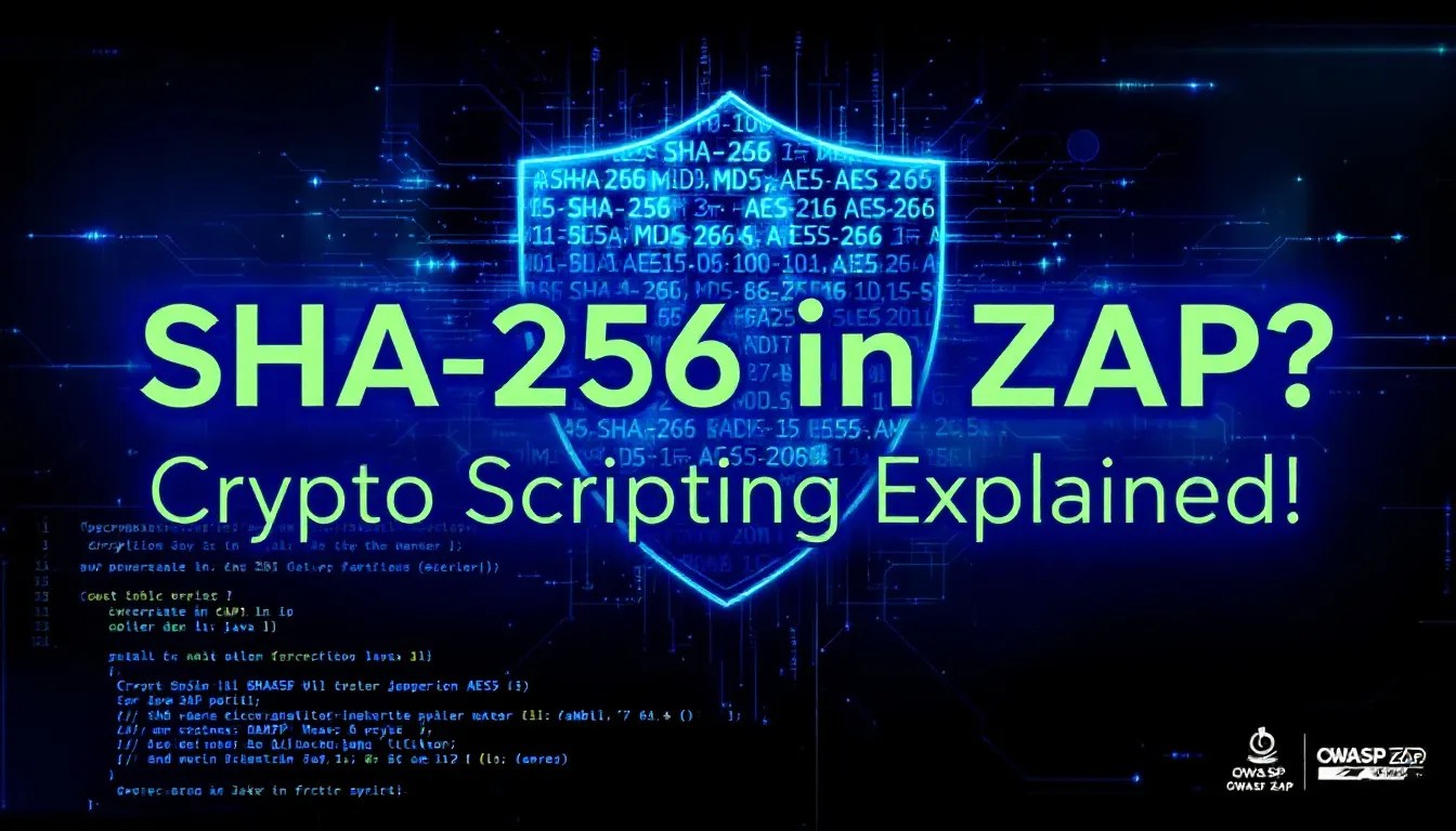 Cybersecurity-themed thumbnail showcasing cryptographic SHA-256 hashing in an OWASP ZAP script, featuring digital shield graphics and code snippets.