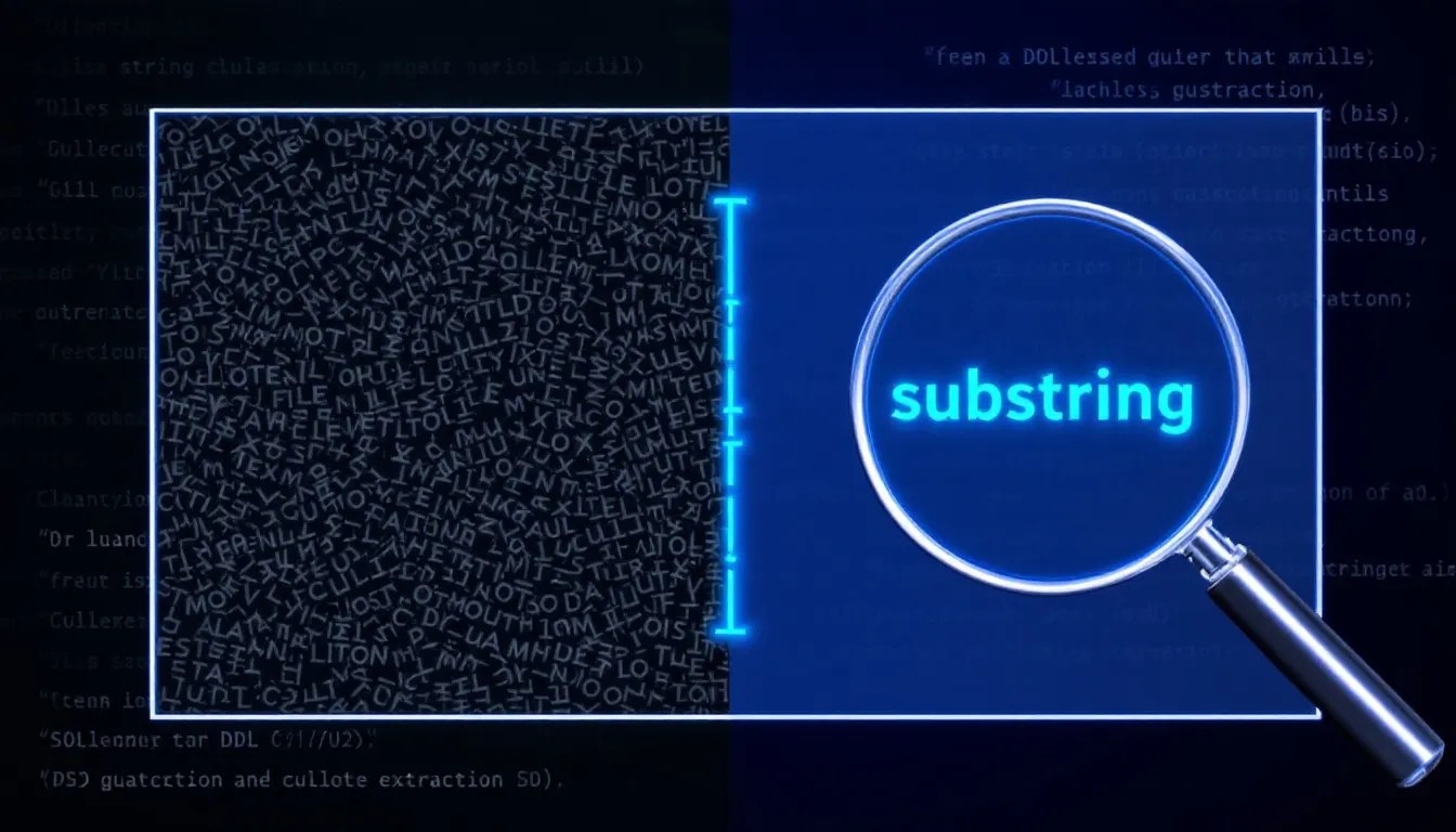 Illustration of extracting a variable part of a string in Db2 using SQL functions, featuring highlighted text and a database query in the background.