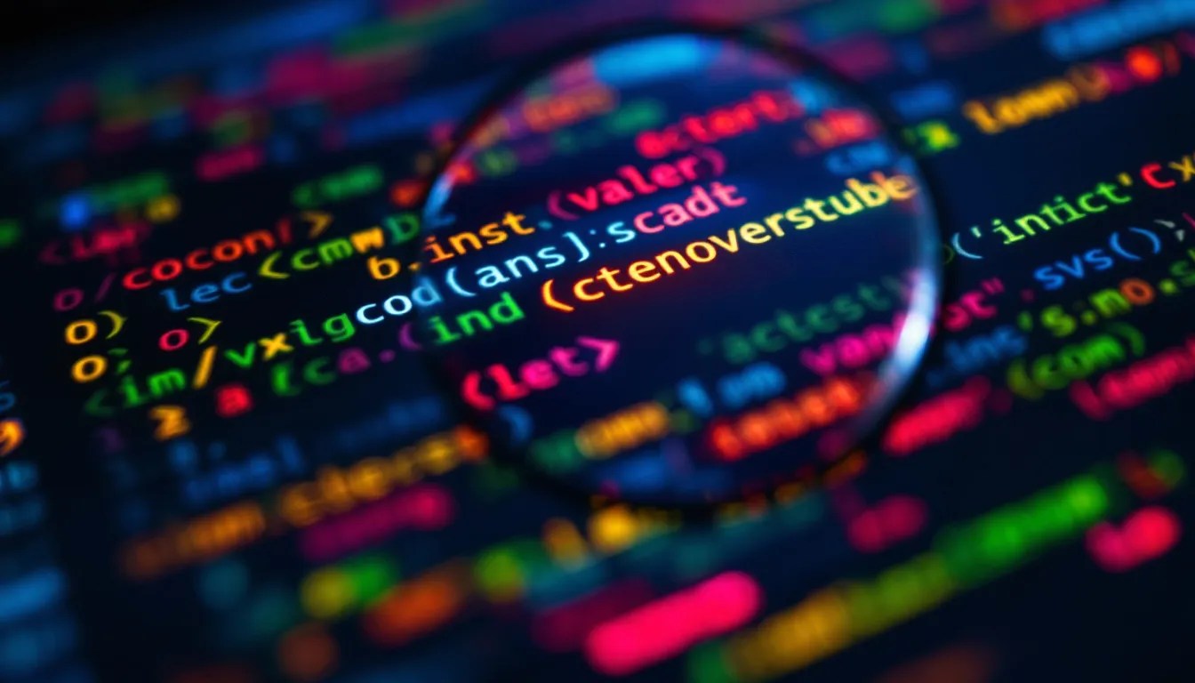 A Linux terminal with colorful ANSI escape codes and a magnifying glass over code, highlighting regex-based detection.
