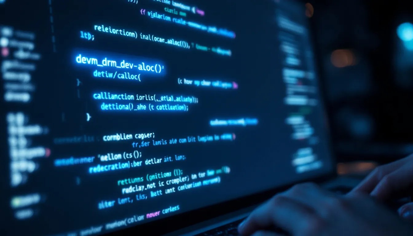 Highlighted `devm_drm_dev_alloc()` function in Linux kernel source code, illustrating memory management concepts for developers.
