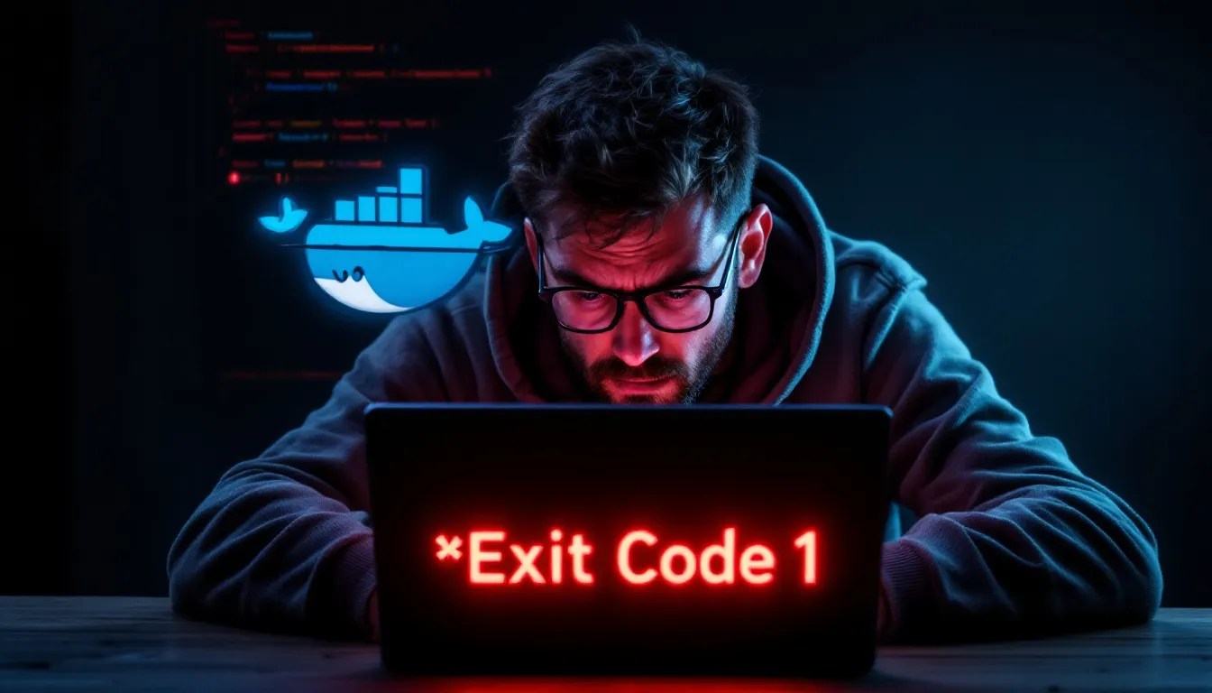 Frustrated developer looking at a Docker terminal with 'Exit Code 1' error, Docker and Python logos displayed.