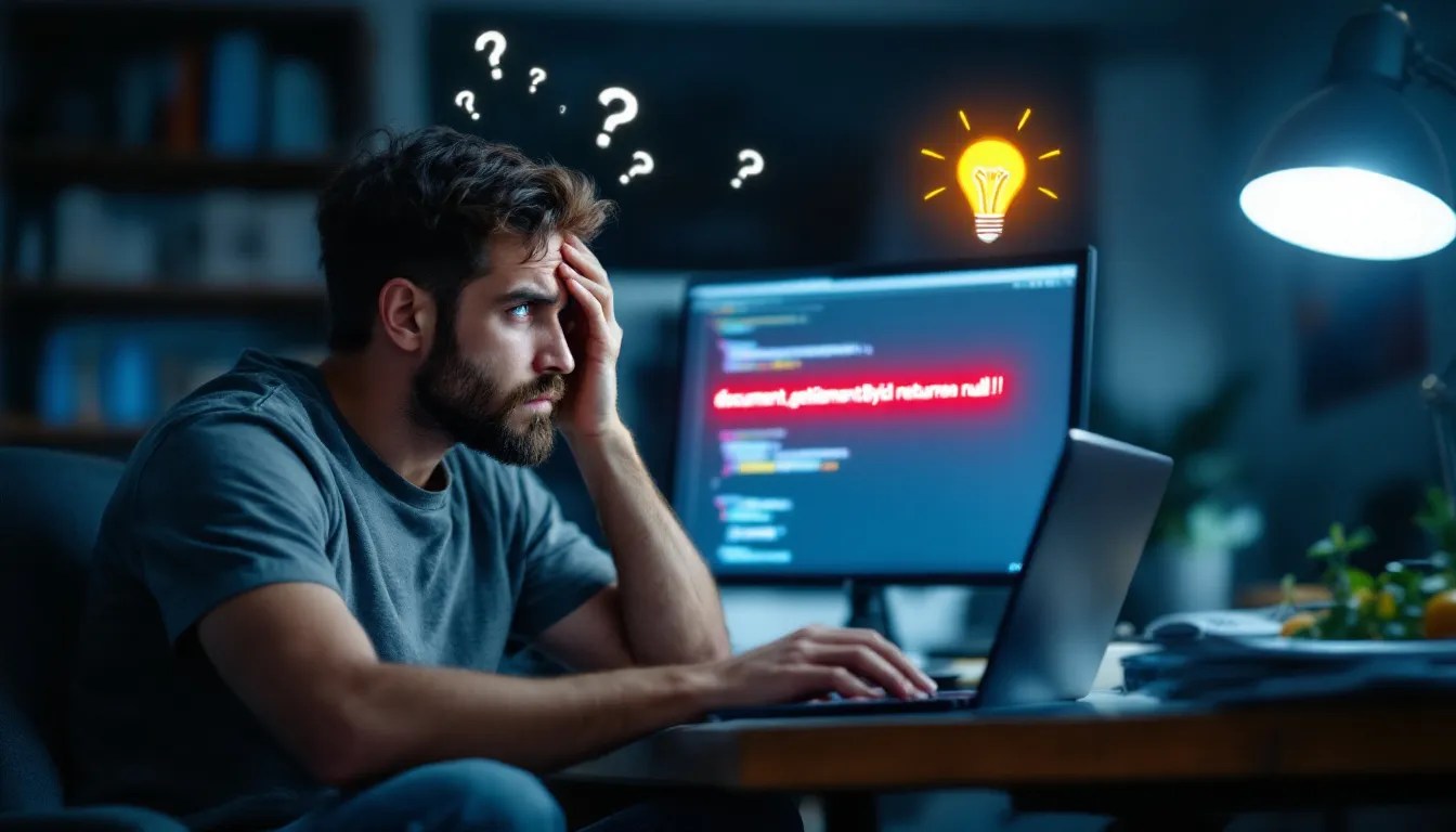 Frustrated developer debugging document.getElementById issue with error message 'returned null!' in JavaScript console.