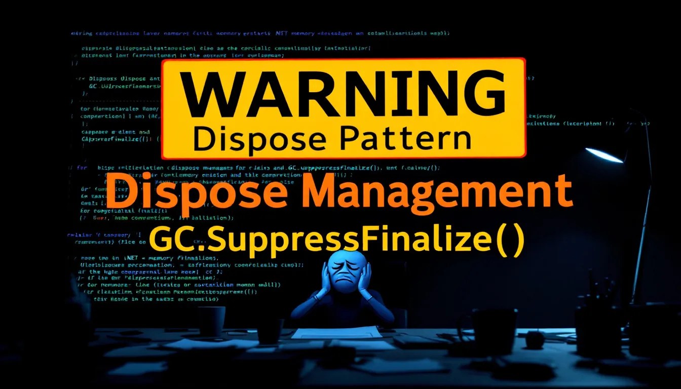Thumbnail illustrating .NET Dispose pattern and GC.SuppressFinalize with a warning sign, a confused programmer, and code snippets heading toward a trash bin.