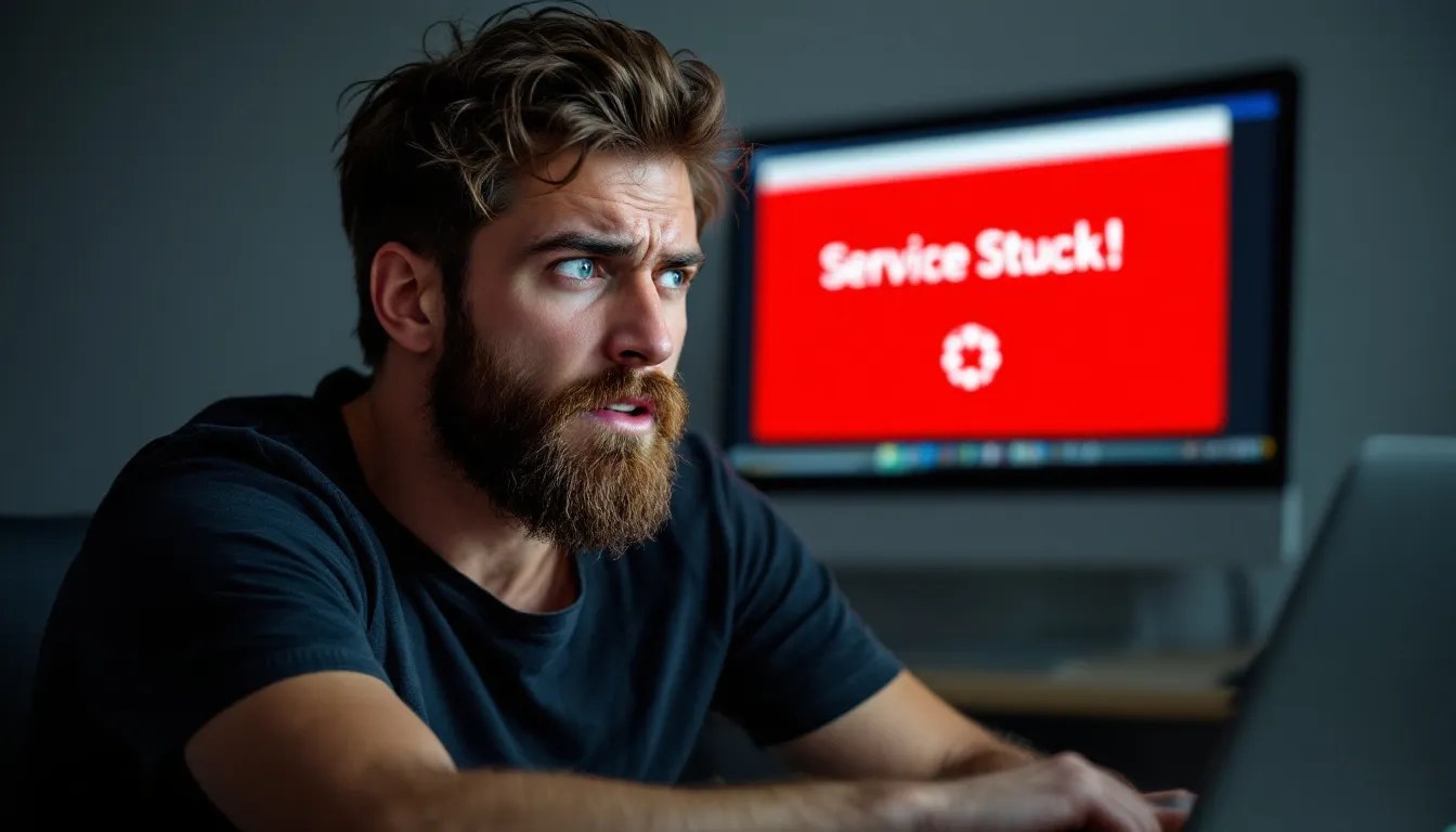 Frustrated developer looking at a frozen systemctl command with a red warning alert and code hints like UseSystemd() and Type=notify for fixing stuck .NET8 systemd services.