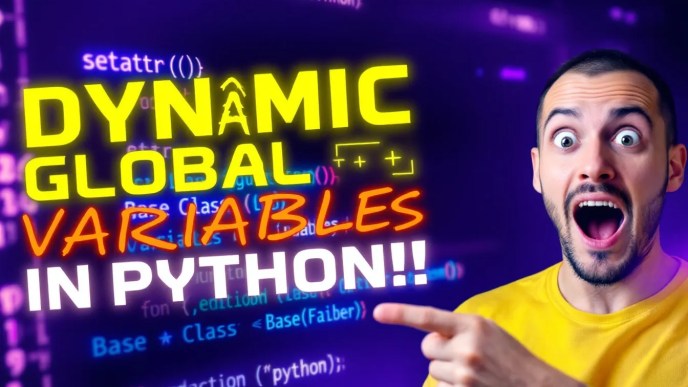 Thumbnail featuring glowing Python code highlighting 'setattr()' and 'Global Variables', with an excited programmer pointing at the screen and a futuristic tech-themed background.