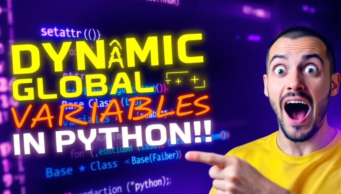 Thumbnail featuring glowing Python code highlighting 'setattr()' and 'Global Variables', with an excited programmer pointing at the screen and a futuristic tech-themed background.