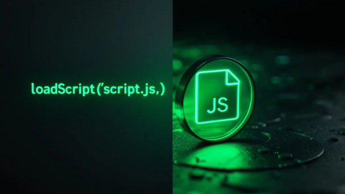 Illustration of dynamically loading a JavaScript file using a function call, featuring a glowing code snippet and a script icon being injected into a webpage.