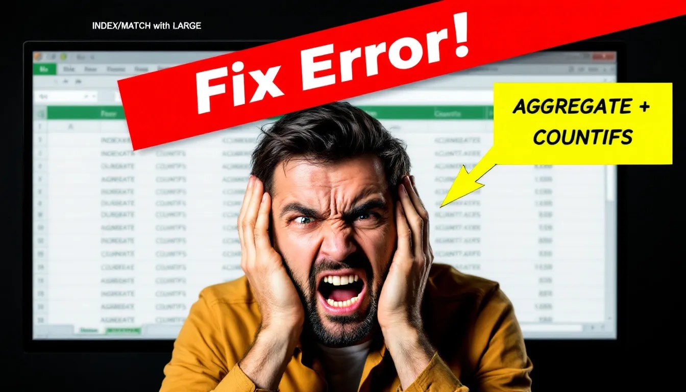 Excel user struggling with INDEX/MATCH and LARGE for date ranges, with AGGREGATE and COUNTIFS highlighted as the solution.