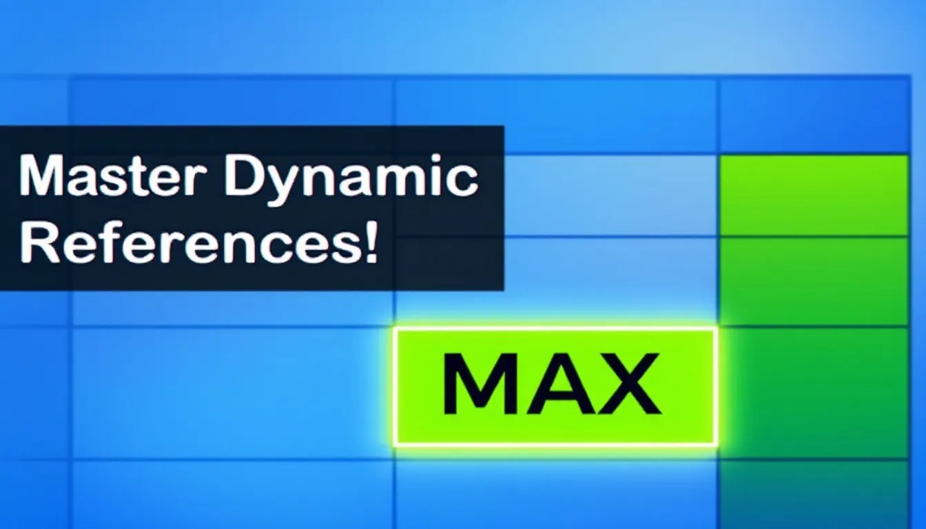 Excel spreadsheet illustrating the MAX function with dynamic row and column references, highlighting key formulas for efficient calculations.