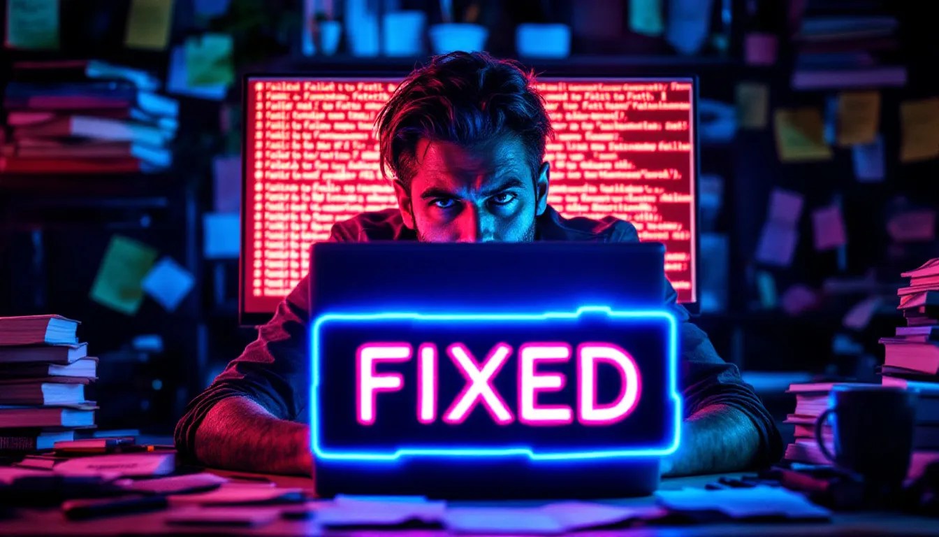 Developer troubleshooting 'Failed to Fetch' error in console with debugging tips and coding books around.