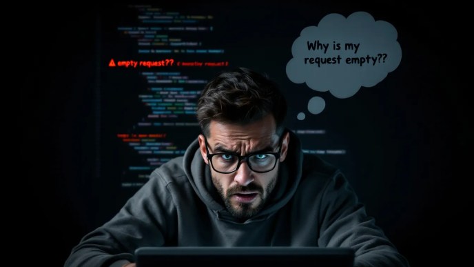 Frustrated developer troubleshooting empty request object error in FastAPI with code on screen.