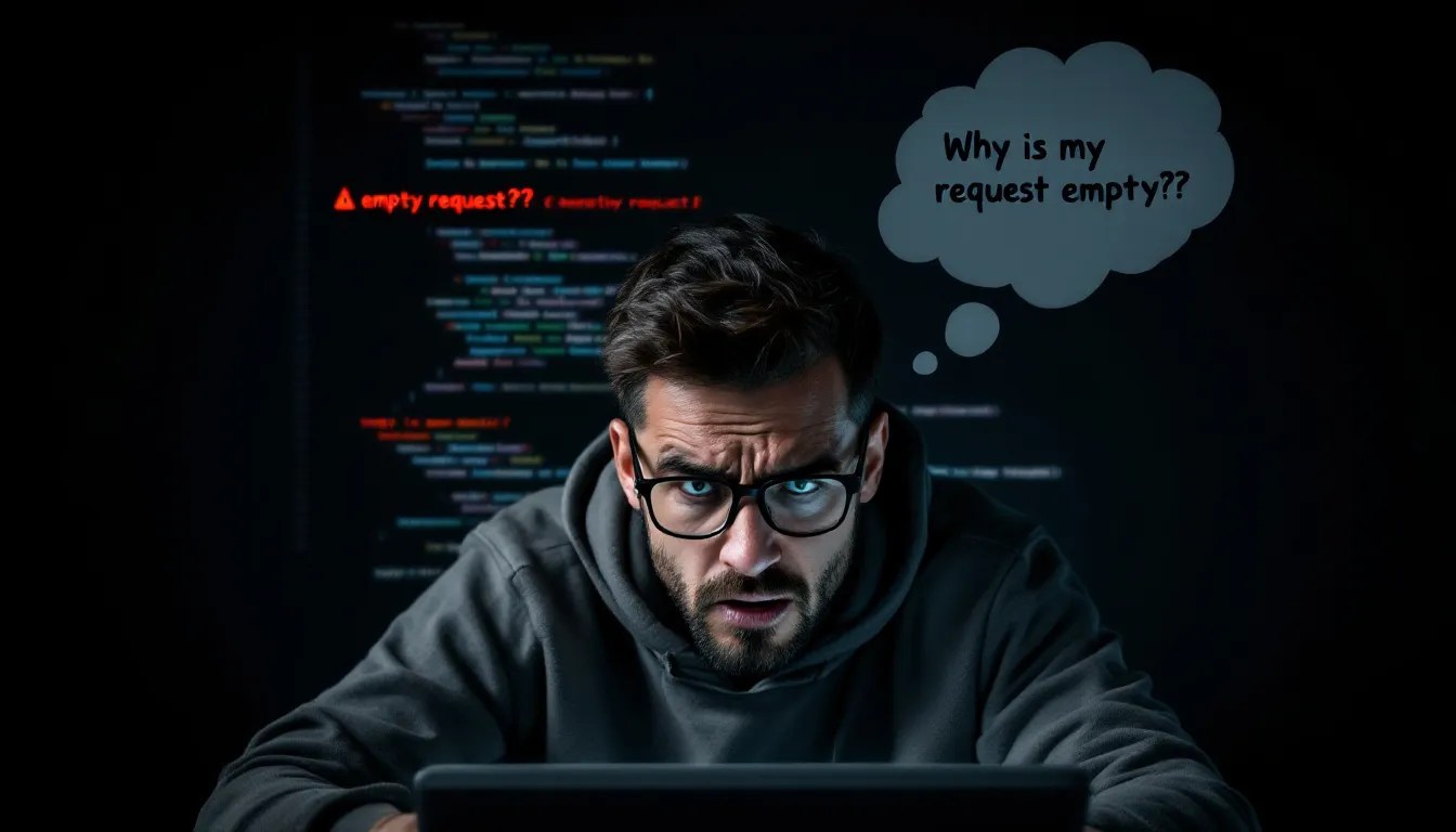 Frustrated developer troubleshooting empty request object error in FastAPI with code on screen.