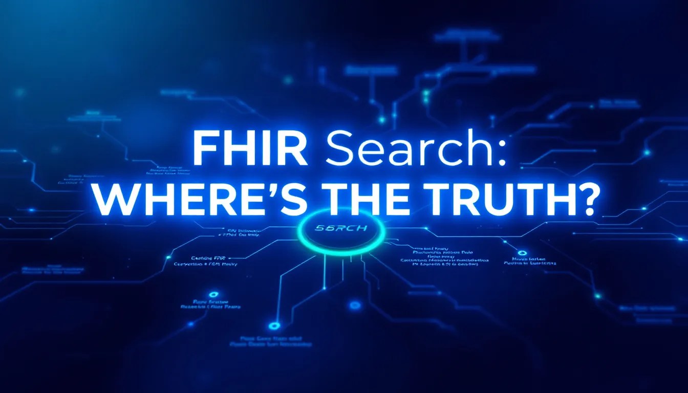FHIR search parameters visualization showing structured JSON/XML data connections with a glowing search query highlighting query nodes.