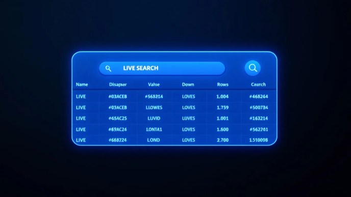 An HTML table with rows being filtered dynamically based on `` values using a JavaScript search bar.