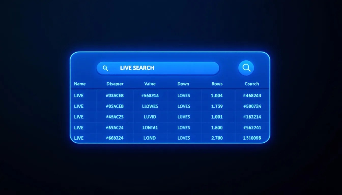 An HTML table with rows being filtered dynamically based on `` values using a JavaScript search bar.