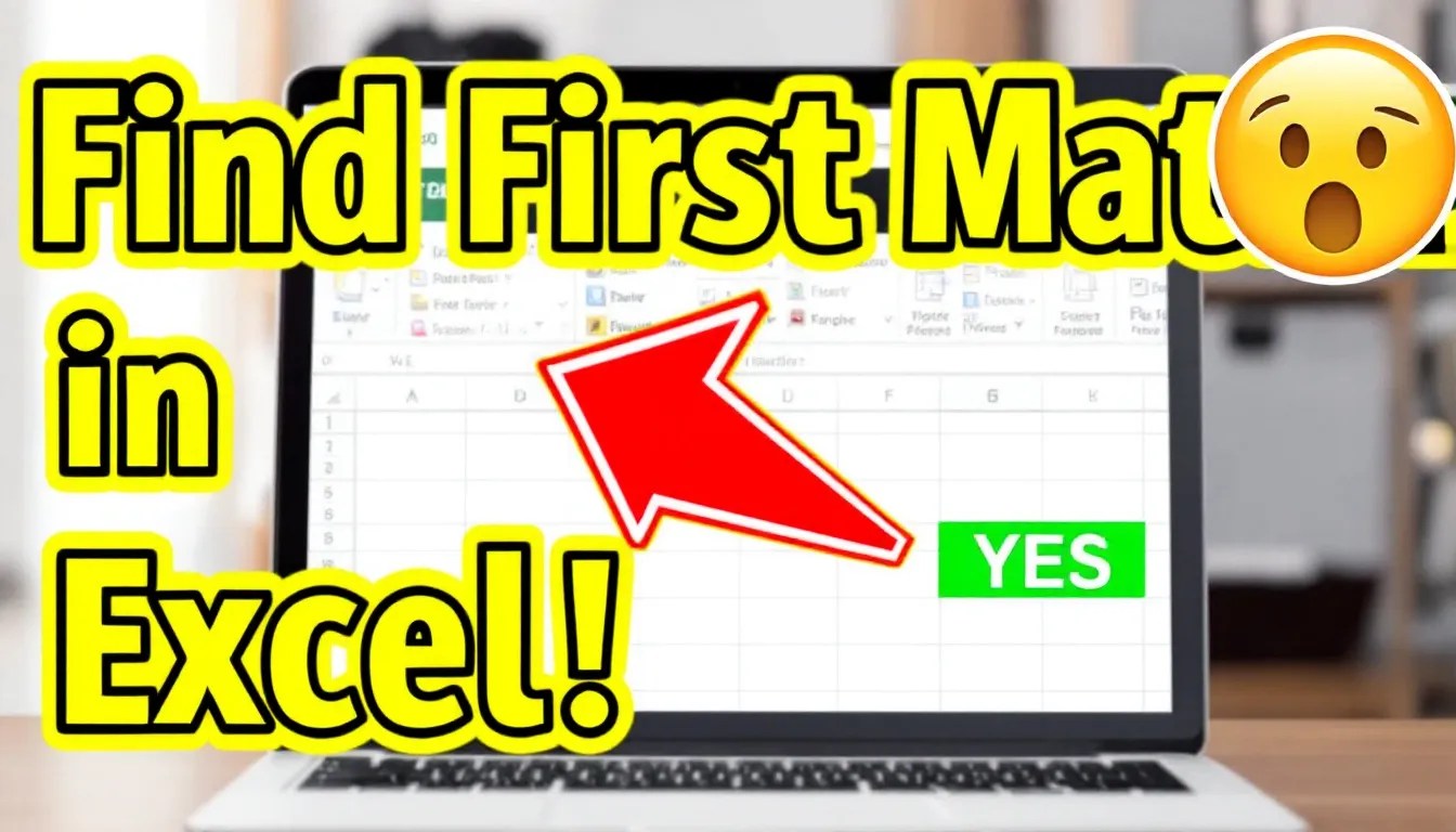 Excel spreadsheet with highlighted 'YES' cell, red arrow pointing to it, and overlay text reading 'Find First Match in Excel!'