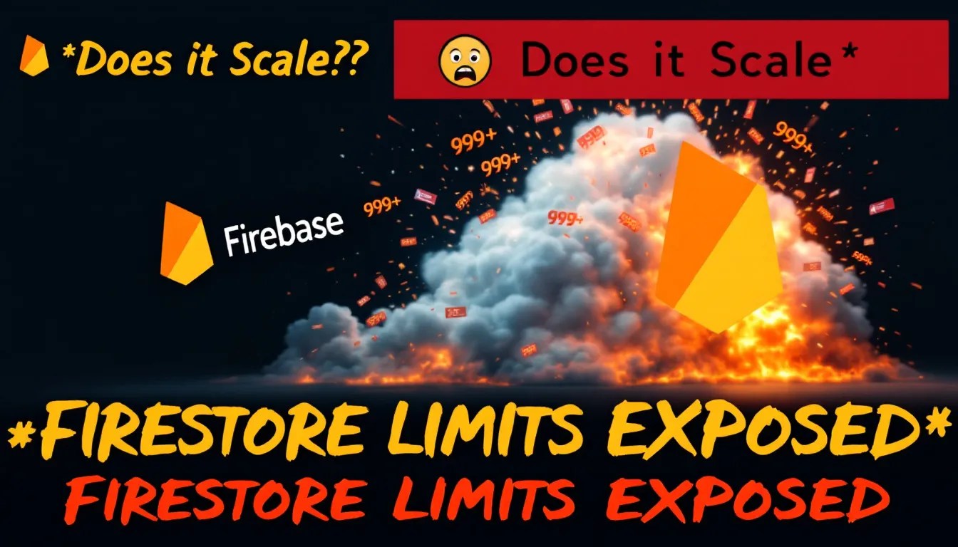 Graphic representing Firebase Functions processing thousands of Firestore documents, overloaded with notifications and scalability warnings.