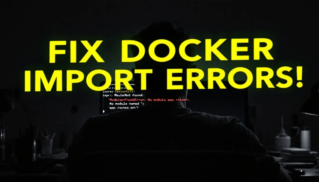 Developer troubleshooting Docker 'ModuleNotFoundError' issue with highlighted error message on terminal screen.